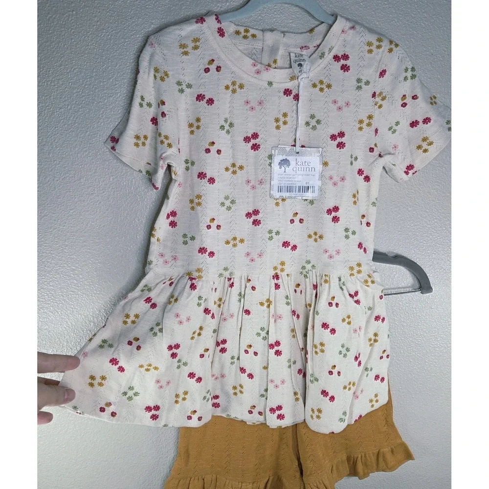 Kate Quinn Pointelle Ditsy Oatmeal Flower‎ Peplum Top & Ruffle Shorts Set 8Y NWT